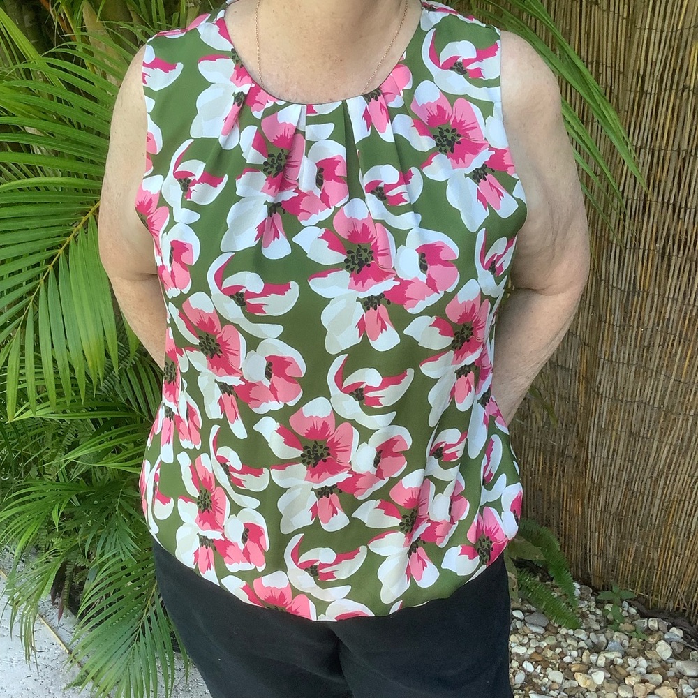 Chic floral print pink, white and green blouse